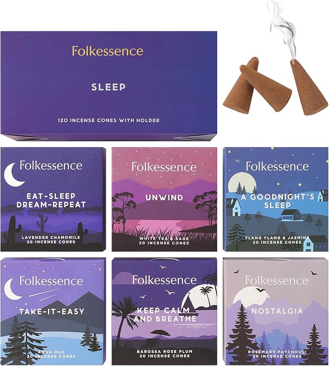 Folkulture Incense Cones Scented | Set of 6 Fragrances (120 Cones) with Incense Cones Holder for Relaxation | Rosemary Jasmine, Patchouli Incense, Lavender Incense Variety Pack | Inscents-Cones