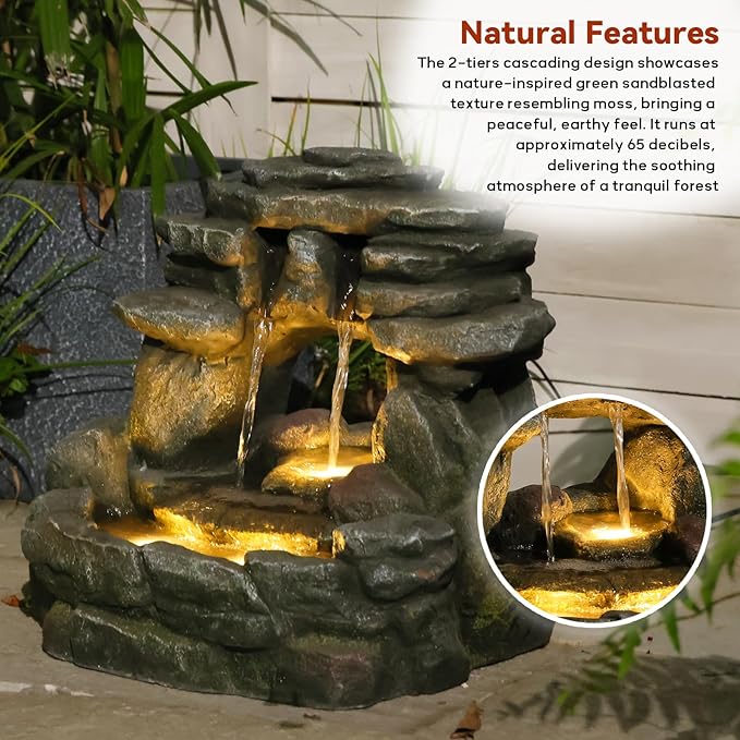 15.6''H Small Rock Water Fountain Outdoor&Indoor, 3-Tier Garden Waterfall with Warm Lights and 2 Flows for Patio, Backyard, Deck, Porch, Home DéCor, Stone Gray - Bloomnest