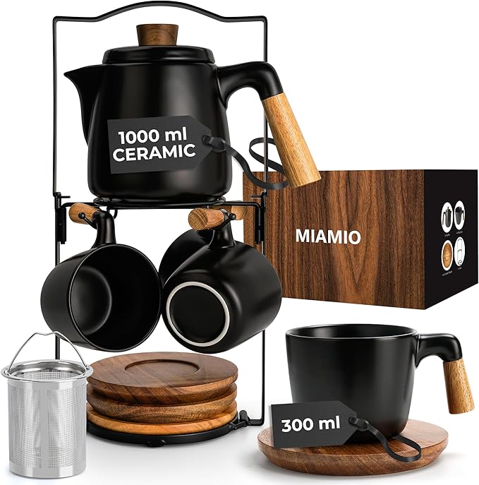 MIAMIO – 34 Oz Ceramic Tea Pot Set with Infuser and Cups/Tea Strainer, 4 Ceramic Tea Mugs (10 Oz), Bamboo Saucers/Handle for Home and Office (Black) - Bloomnest
