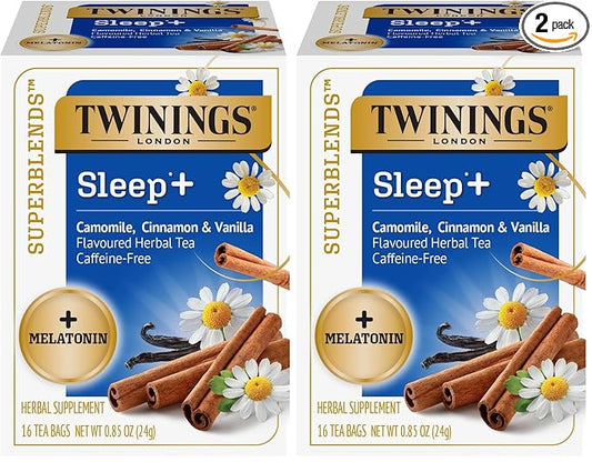 Twinings Superblends Sleep+ Herbal Tea with 1mg Melatonin Camomile, Cinnamon & Vanilla, Naturally Caffeine-Free, 16 Tea Bags (Pack of 2), Enjoy Hot or Iced