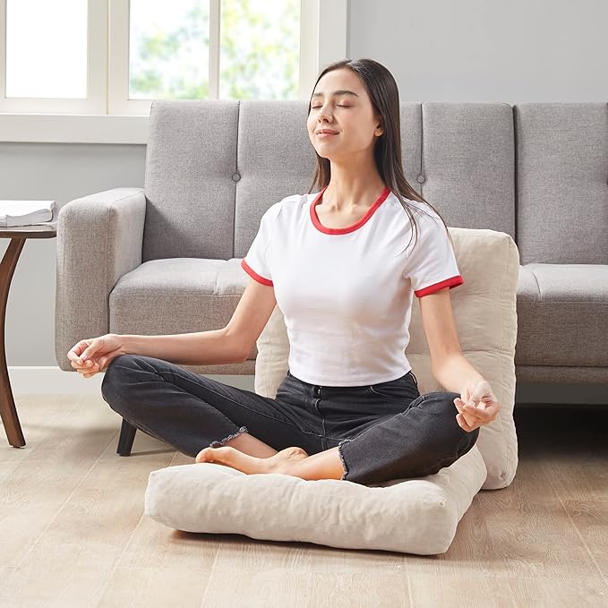 Degrees of Comfort Meditation Floor Pillow, Square Large Pillows Seating for Adults, Tufted Corduroy Cushion for Balcony Bedroom Tatami Living Room, Beige, 22x22 Inch