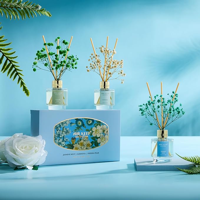 Airkeep Reed Diffuser Set of 3, Jasmine Mint Gardenia Freesia Pear Oil Reed Diffusers for Bedroom Living Room Office Aromatherapy Oil Reed Diffuser for Gift 50ml x 3 - Bloomnest