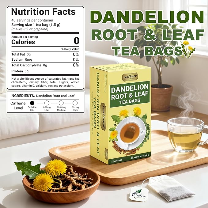 LeafLea Dandelion Root and Leaf Tea Bags, 40 Count, Roasted Dandelion Root Tea Blend, Natural Herbal Tea for Digestion & Wellness, Te de Diente de Leon, Individually Wrapped, Caffeine-Free, No Sugar - Bloomnest
