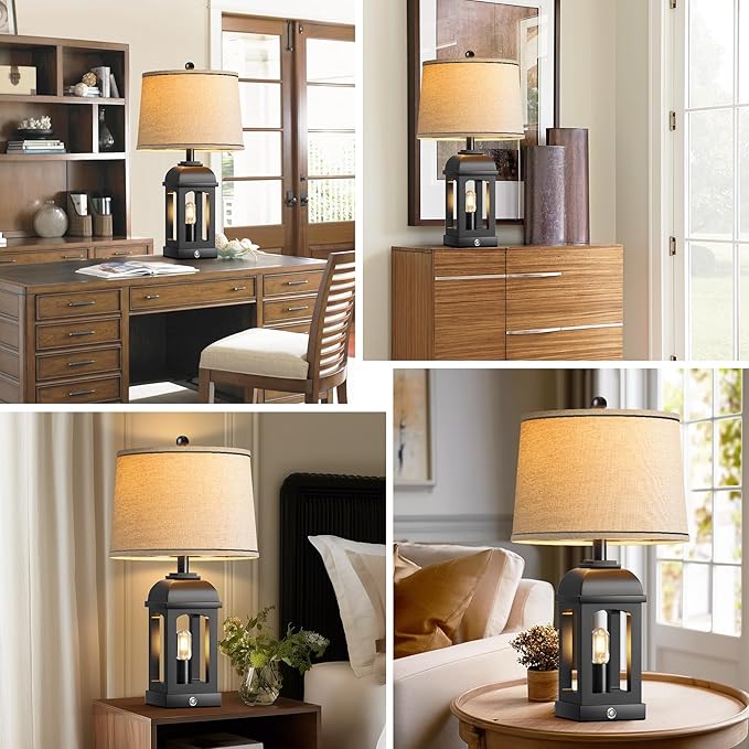 QiMH Table Lamp for Living Room, Farmhouse Lamps Set of 2 with USB A+C and Nightlight, 26" Rustic Bedside Lamps with 3-Way Dimmable Touch Control, Nightstand Lamp for Bedroom Decor, Black - Bloomnest
