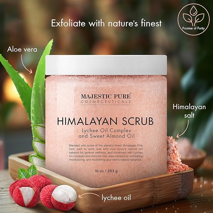 MAJESTIC PURE Himalayan Salt Body Scrub with Lychee Oil, Exfoliating Salt Scrub to Exfoliate & Moisturize Skin, Deep Cleansing - 10 oz - Bloomnest