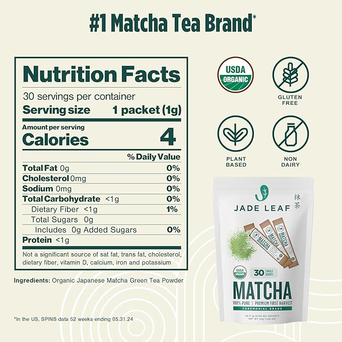 Jade Leaf Matcha Organic Premium Ceremonial Grade Matcha Green Tea Powder - Japanese - Culinary, Ingredient, Ceremonial Barista Teahouse, Latte, Collagen, 0.04 Ounce (Pack of 30), Ceremonial Matcha - Bloomnest