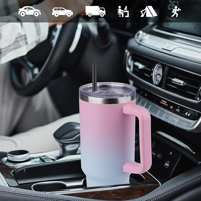 DOMICARE 40 oz Tumbler with Handle and Straw, Stainless Steel Tumbler with Lid and Straw, Reusable Vacuum Insulated Cup, Travel Coffee Mug, Dreamy Pink Blue, 1Pack - Bloomnest