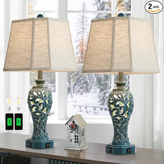 25'' Farmhouse Table Lamps Set of 2 for Living Room Bedroom, 2 USB Ports Coastal Vintage Table Lamp with Nightlight, Blue Green Hollow Out Resin Lamp for End Table (Bulbs Included) - Bloomnest