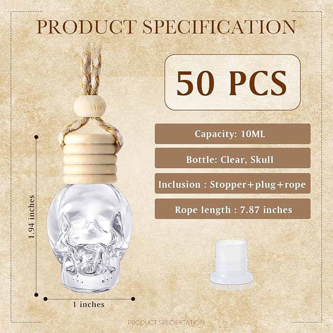 BBTO 50 Pcs Hanging Car Air Freshener Car Diffuser Bottles Empty Glass Perfume Bottle Freshener Diffuser Bottle Pendant for Essential Oil Fragrance Aromatherapy Bottle Ornament(Skull) - Bloomnest