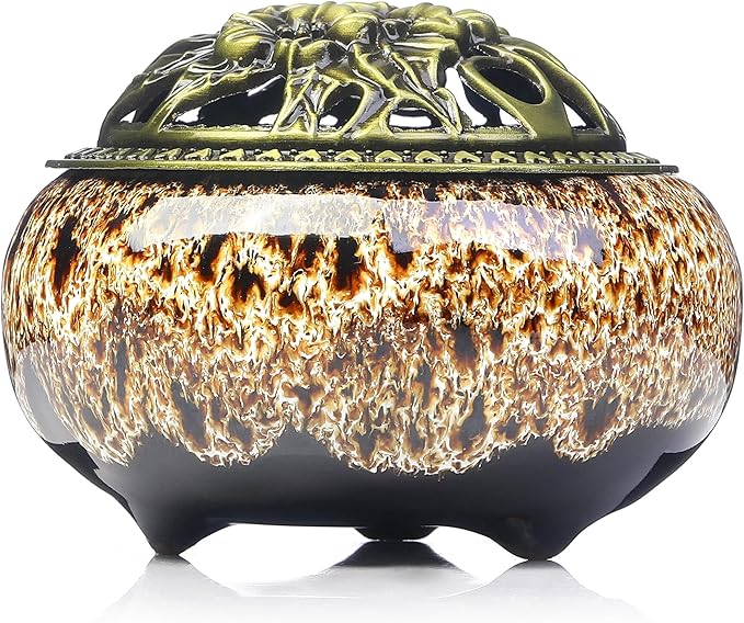 Incense Burner with Calabash Incense Stick Holder - Porcelain Charcoal Censer for Use with Resin Granular Powder Cone or Coil Incense (New Fambe Gray) - Bloomnest