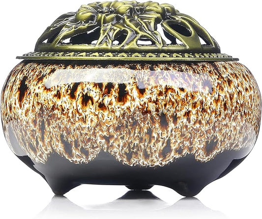 Incense Burner with Calabash Incense Stick Holder - Porcelain Charcoal Censer for Use with Resin Granular Powder Cone or Coil Incense (New Fambe Gray) - Bloomnest