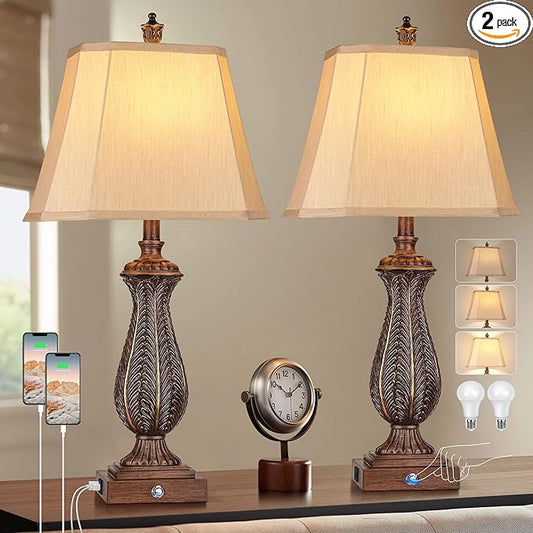 3-Way Dimmable Table Lamps for Bedrooms Set of 2, 30" H Touch Lamps for Living Room with USB & Type-C Ports, Brown Mermaid Bedside Lamp for Nightstand, Resin Farmhouse Rustic Lamp with 2 Bulb - Bloomnest