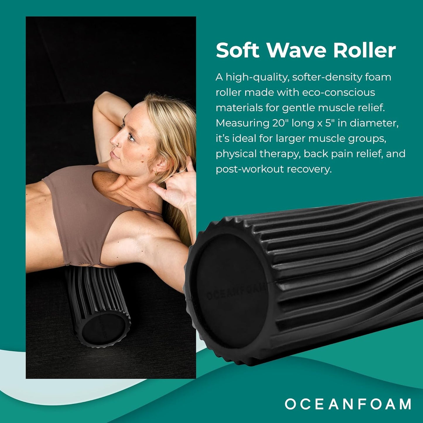 Oceanfoam Soft Tidal Roller (Black) - Low Density Foam Roller for Physical Therapy, Back Pain, Excercise & Stretching - Wave Textured - Yoga, Athletics, & Wellness - Full Size, 20" x 5"