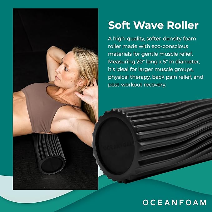 Oceanfoam Soft Tidal Roller (Black) - Low Density Foam Roller for Physical Therapy, Back Pain, Excercise & Stretching - Wave Textured - Yoga, Athletics, & Wellness - Full Size, 20" x 5" - Bloomnest
