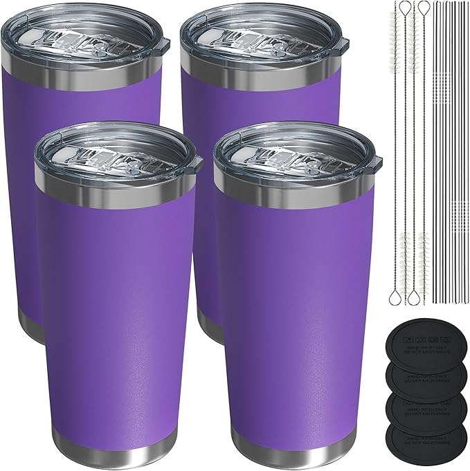 Travel Coffee Tumbler 20oz, 4 Pack Leakproof Travel Coffee Mug with Lid and Straw, Stainless Steel Double Wall Vacuum Insulated Tumbler for Hot/Iced Drinks (Textured Matte, Purple) - Bloomnest