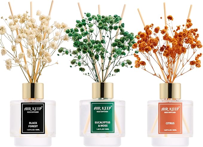 Airkeep Reed Diffuser Set of 3, Black Forest Eucalyptus Moss Citrus Oil Reed Diffusers for Bedroom Living Room Office Aromatherapy Oil Reed Diffuser for Gift 50ml - Bloomnest