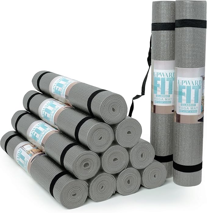 12-Pack Classic Yoga Mat With Carrying Strap, 68" x 24" Non Slip Exercise Mat, 4mm Thick Gym Mat, Bulk Non Toxic Yoga Mats for Home Workout, Schools, Classroom, and Studios - Bloomnest