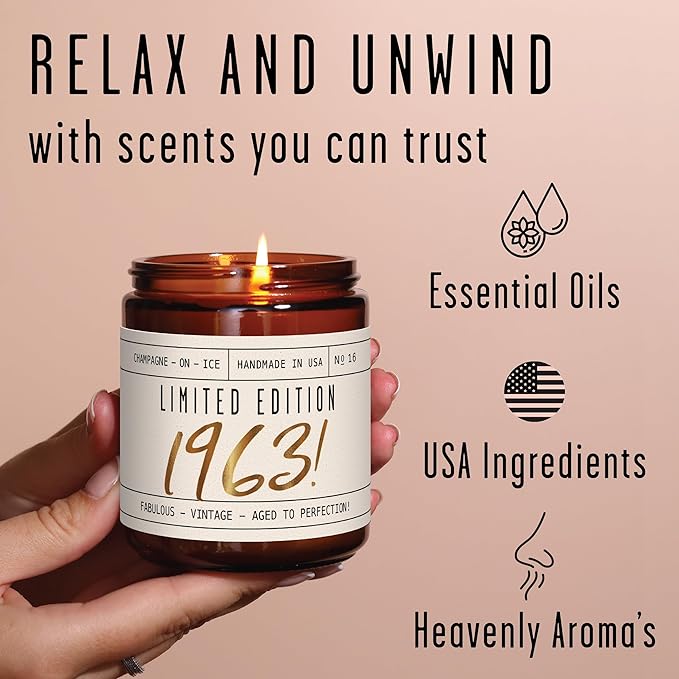 62nd Birthday Gifts for Women - 'Limited Edition 1963' Soy Candle, w/Champagne on Ice I 62 Birthday Gifts for Women I 62nd Gift for Her Ideas I 9oz Reusable Jar, 50Hr Burn, Made in USA - Bloomnest