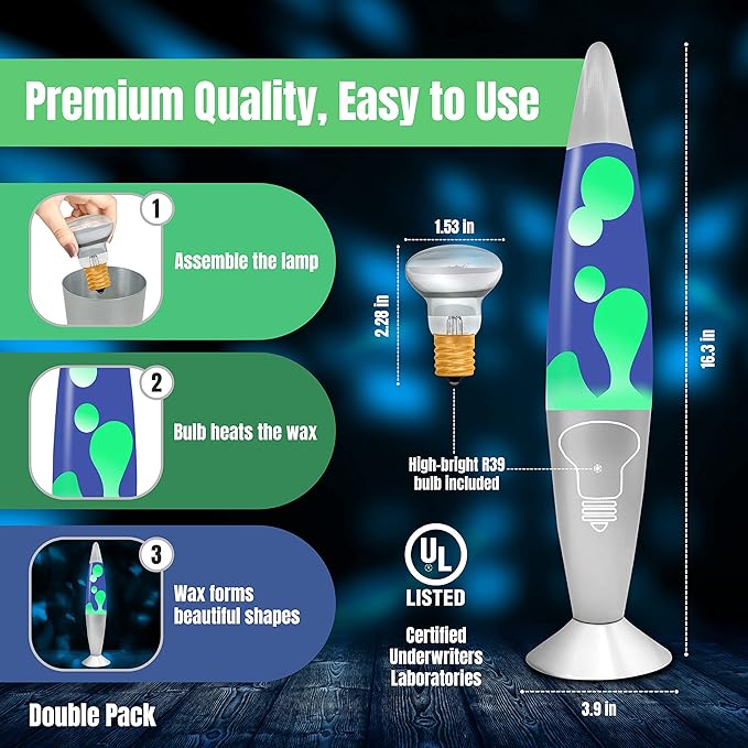 JAMBO 2 Pack- 16" Beautiful Lamp- Blue with Yellow/Green Wax and Purple with Yellow Wax, Relaxing Liquid Lamp, Night Light Nightlight, Lamps for Adults Teens Kid - Bloomnest