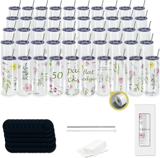 50pack 20OZ Flat Edge Sublimation Straight Skinny White tumblers bluk Double Wall Stainless Steel Insulated Cup with Metal Straw Brush Wholesale - Bloomnest