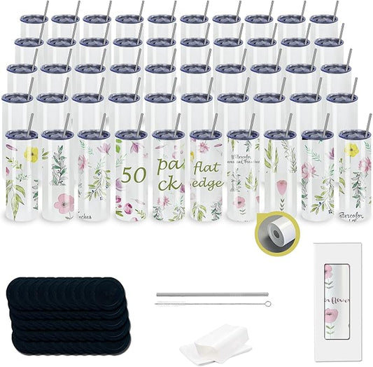 50pack 20OZ Flat Edge Sublimation Straight Skinny White tumblers bluk Double Wall Stainless Steel Insulated Cup with Metal Straw Brush Wholesale - Bloomnest