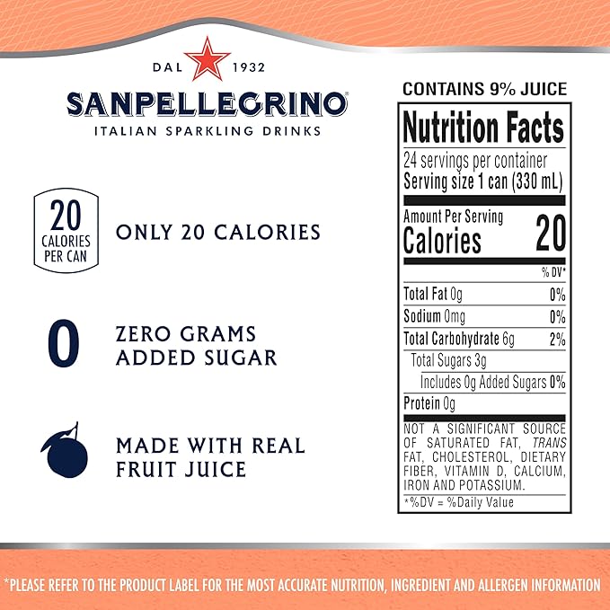 Sanpellegrino Zero Grams Added Sugar Italian Sparkling Drinks, Sparkling Peach Clementine Beverage, 24 Pack of 11.15 Fl Oz Cans - Bloomnest