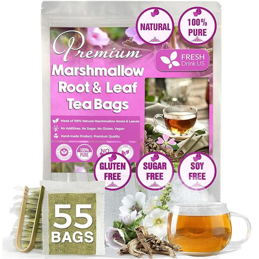 FreshDrinkUS, Premium 55 Marshmallow Root and Leaf Tea Bags, 100% Natural & Pure. Loose Leaf Marshmallow Herbal Tea. Made with Eco-Conscious Tea Bags. No Sugar, No Caffeine, No Gluten, Vegan. - Bloomnest
