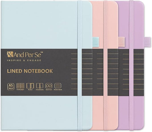 &And Per Se Lined Journal Notebook (3 Packs), 160 Pages 100GSM Thick Paper, A5 Hardcover College Ruled Journals for Writing, 5.7'' x 8'' (Cyan, Pink & Purple)