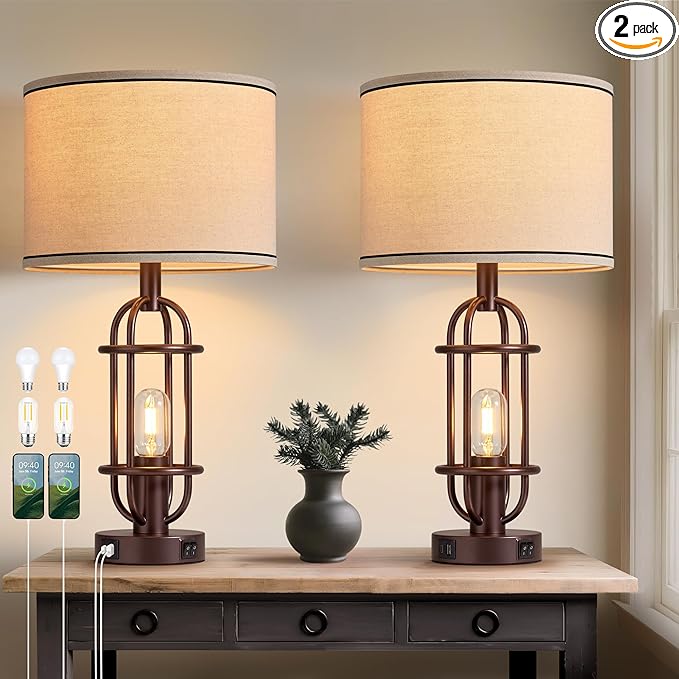 Living Room Lamps Set of 2, 22.3" Farmhouse Table Lamp for Bedroom, Vintage Lamps for Night Stands with USB Ports, Oil Rubbed Bronze - Bloomnest