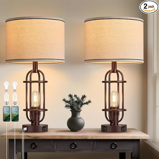 Living Room Lamps Set of 2, 22.3" Farmhouse Table Lamp for Bedroom, Vintage Lamps for Night Stands with USB Ports, Oil Rubbed Bronze - Bloomnest