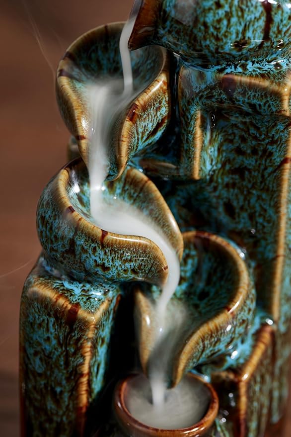 Unique Cascading Basins Ceramic Waterfall Incense Holder, Paired with a Pack of Backflow Incense Cones. (Fambe Blue) - Bloomnest