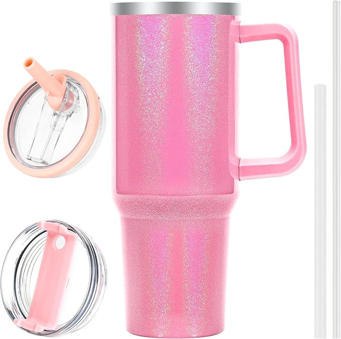 40 oz Tumbler with Handle and Flip Straw Lid, Vacuum Insulated Leak Proof Double Walled Stainless Steel Glitter Travel Mug Tumblers, Maintains Cold Ice and Heat for Hours(Pink) - Bloomnest