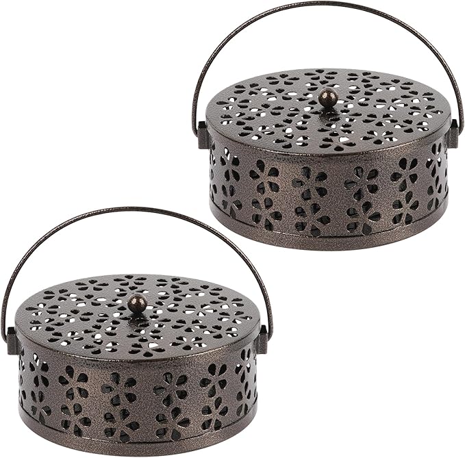 Portable Iron Mosquito Coil Holder with Handle Round Heat-Resistant Incense Holder for Home Office Camping (2Pack Bronze) - Bloomnest