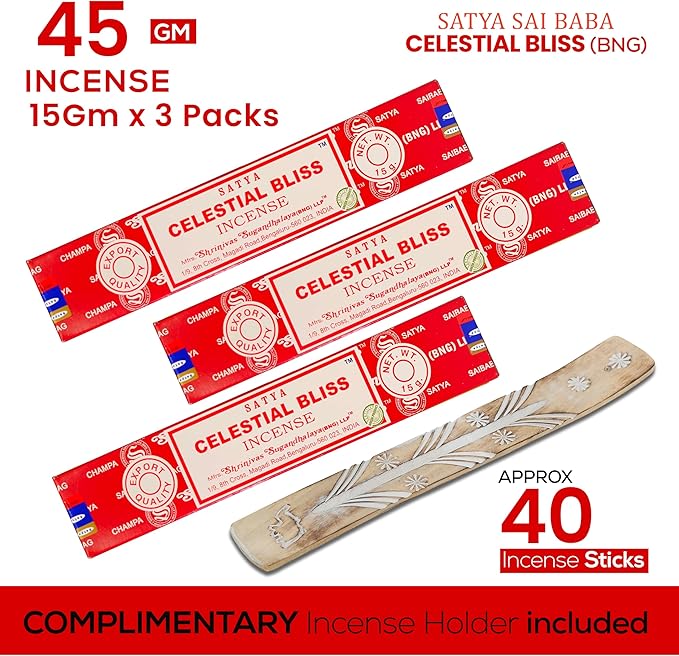 Raajsee Satya Celestial Bliss Nagchampa Incense, 15gmx3 Pack (12 Sets, 160 Pieces, 180g) with Raajsee Incense Holder - Bloomnest