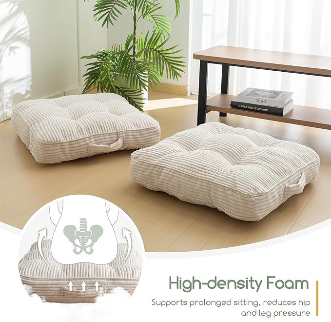 Washable Floor Pillow Cushion for Adults, Meditation Cushion Pillow, Large Square Floor Sitting, Removable Tufted Corduroy Cover, for Tatami Living Room or Yoga, 22x22 Inch, 2Pack, Machine Washable - Bloomnest