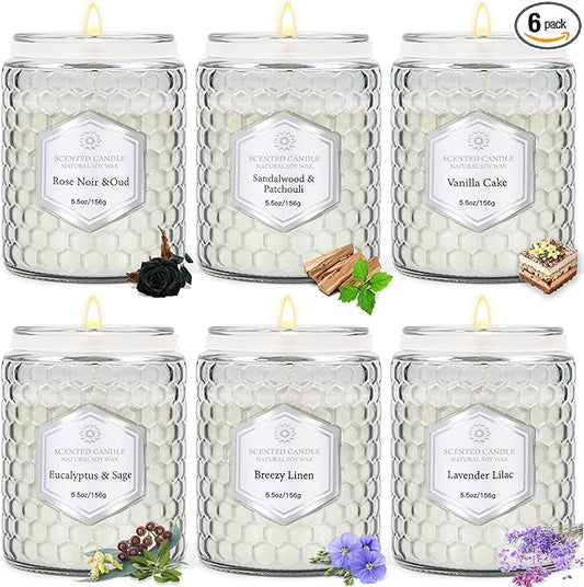 6 Pack Scented Candles for Home, Aromatherapy Gift Set for Women, Natural Soy Wax Jar, 33 oz 240 Hour Long Lasting, Birthday and Valentine's Day Gift, Flax Gray - Bloomnest