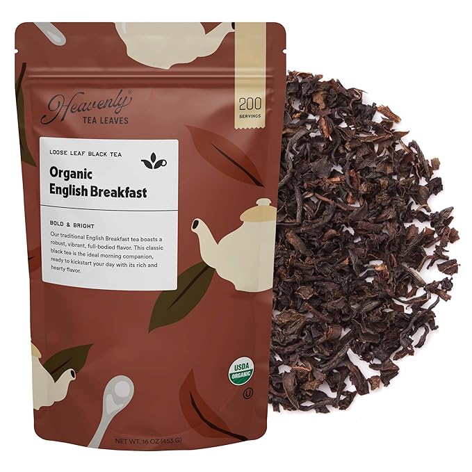 Heavenly Tea Leaves Organic English Breakfast, Bulk Loose Leaf Black Tea, 1 Lb. (Approx. 200 Cups) - Strong, Full Bodied, Brisk, Great For Hot Or Iced Tea, Naturally Caffeinated, Premium Quality - Bloomnest