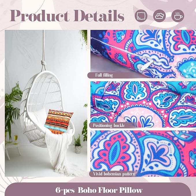 Menkxi 6 Pcs Bohemian Floor Pillows Seating 15 Inch Boho Floor Cushions Sitting Pillows Square Yoga Mandala Meditation Pouf for Living Room Balcony Office Tatami(Stylish) - Bloomnest