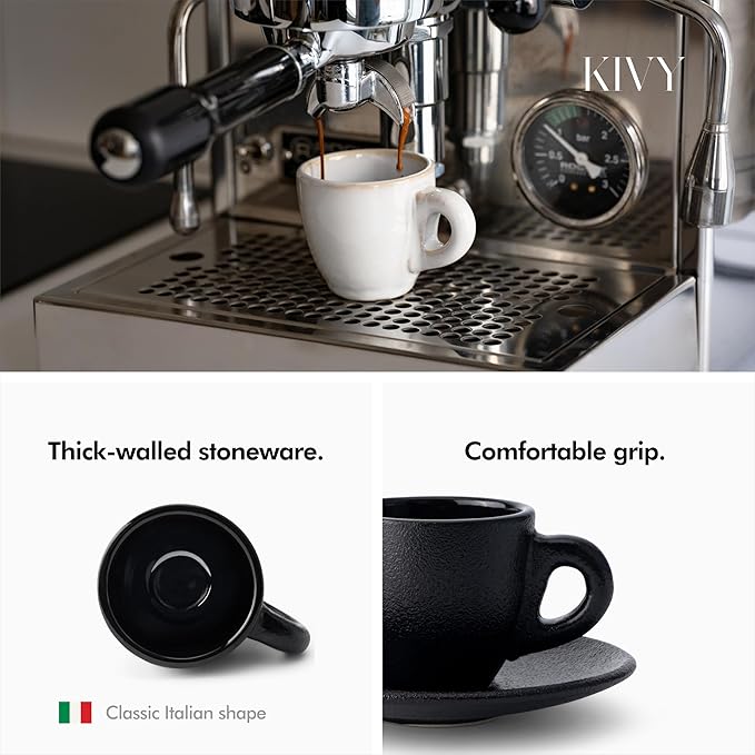 KIVY 3 oz Espresso cups set of 4 - Thick walled stoneware espresso cup set - Italian style cups and saucers - Demitasse cups set of 4 - Espresso mugs black - Coffee shot cups & saucers - Bloomnest
