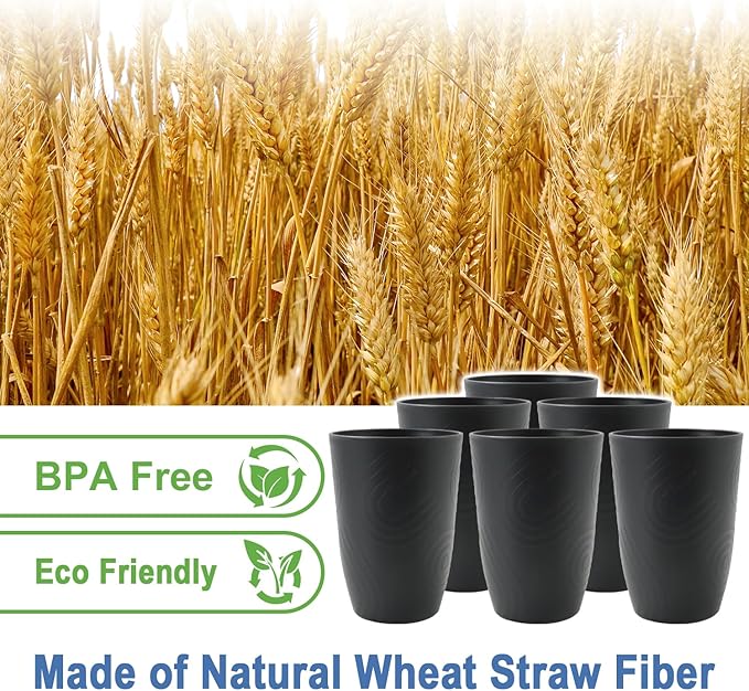 Wheat Straw Cups 6 Pcs 16 OZ Plastic Cup, Unbreakable Drinking Glasses, Lightweight Cup Set for Kitchen, Alternative to Plastic Cups Reusable Dishwasher Safe (Black) - Bloomnest