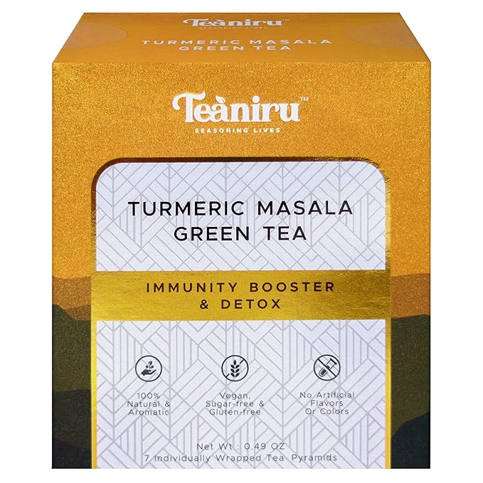 Teaniru Turmeric Masala - 7 Pyramid Tea Bags in Individual Sachets | Detox & Immunity Booster | Turmeric Ginger Green Tea - Brew Hot or Cold - Bloomnest