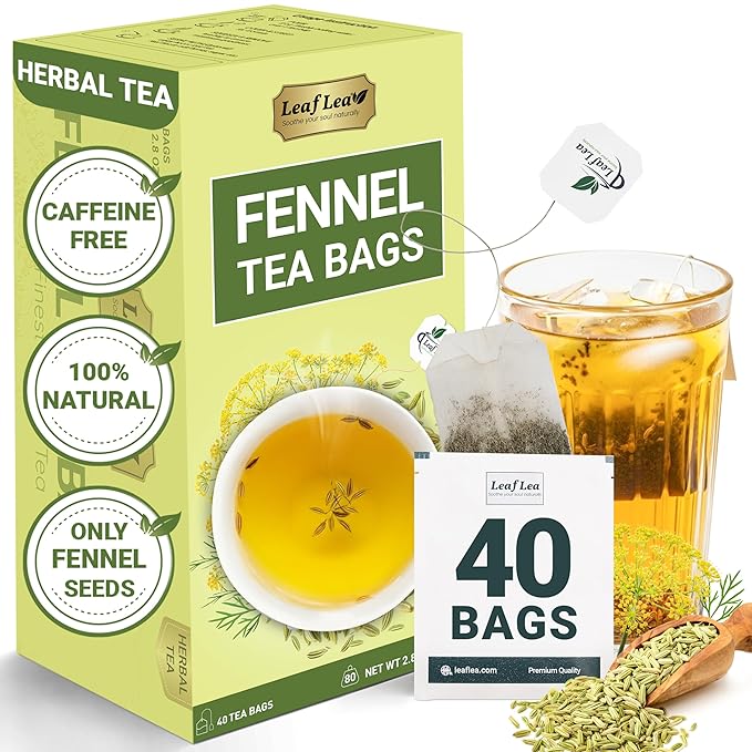 LeafLea 40 Fennel Tea Bags, 100% Natural & Pure Fennel Seed Tea, Gentle Digestion & Fresh Breath, Mild Sweet Finish, Caffeine-Free, Sugar-Free, Vegan, Non-GMO, Individually Wrapped - Bloomnest