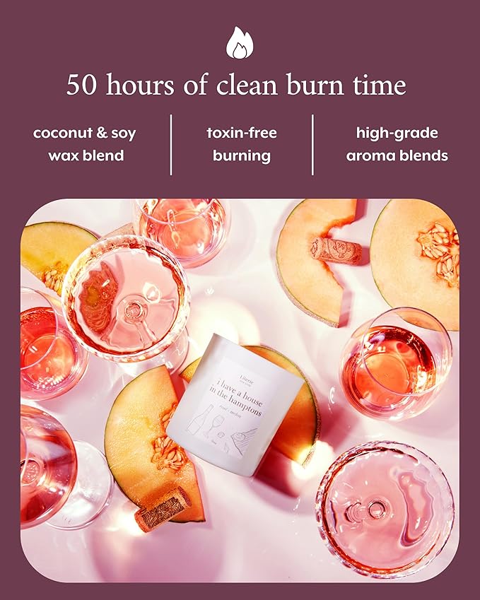Literie NYC Inspired Scented Candle: I Have A House in The Hamptons - Rosé & Melon Scent, 9oz, 50 Hour Burn, Vegan Soy & Coconut Blend Candle for Home Decor, Gift for Women & Men - Bloomnest