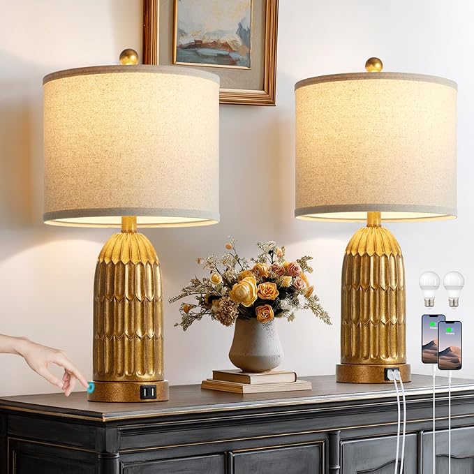 Table Lamps for Bedroom Set of 2, Farmhouse 3-Way Dimmable Touch Nightstand Lamp with 2 USB Charging Ports, Vintage Rustic Traditional Bedside Lamp for Living Room End Table - Bloomnest