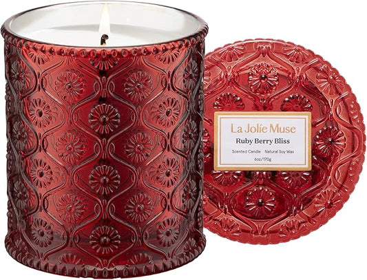 LA JOLIE MUSE Ruby Berry Bliss Scented Candle – Mandarin, Cranberry & Plum | 6 oz Festive Fall Candle | 40 Hours Clean Burn|Vibrant Scent| Gift for Hosts|Fall Tablescapes - Bloomnest
