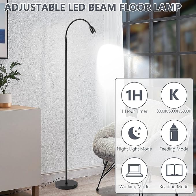 Reading Floor Lamp, 72" Tall LED Lamp with Flexible Gooseneck, Dimmable Zoomable Spotlight, Adjustable Color Beam Standing Lamp, Touch & Remote Control, Task Craft Bedroom Living Room, Matte Black - Bloomnest