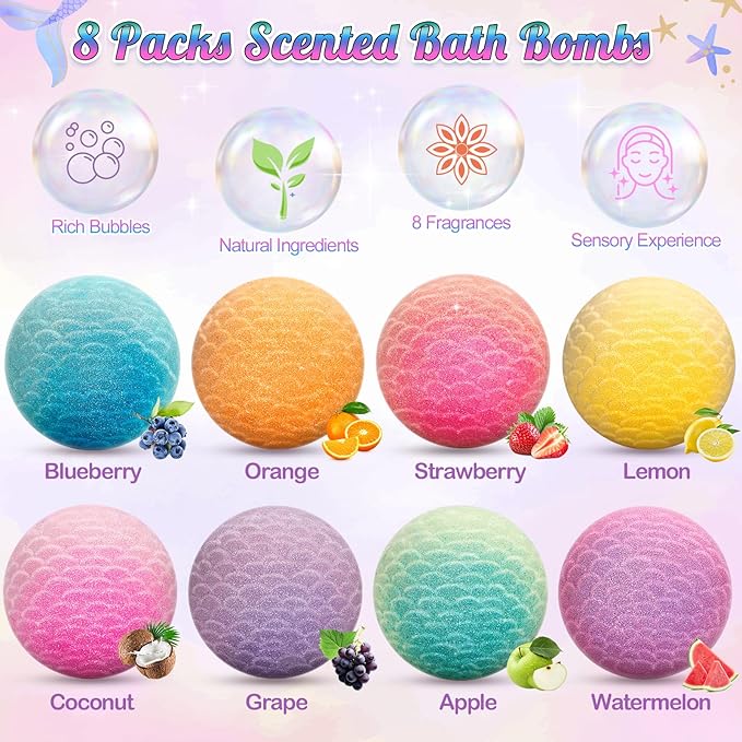 8 Packs Mermaid Bath Bombs for Kids Girls, Bubble Bath Bomb Kit with Surprise Toys Inside, Bath Toys for Kids Aged 4-8, Ideal Birthday Christmas Gifts Stocking Stuffers for Girls 3 4 5 6 - Bloomnest