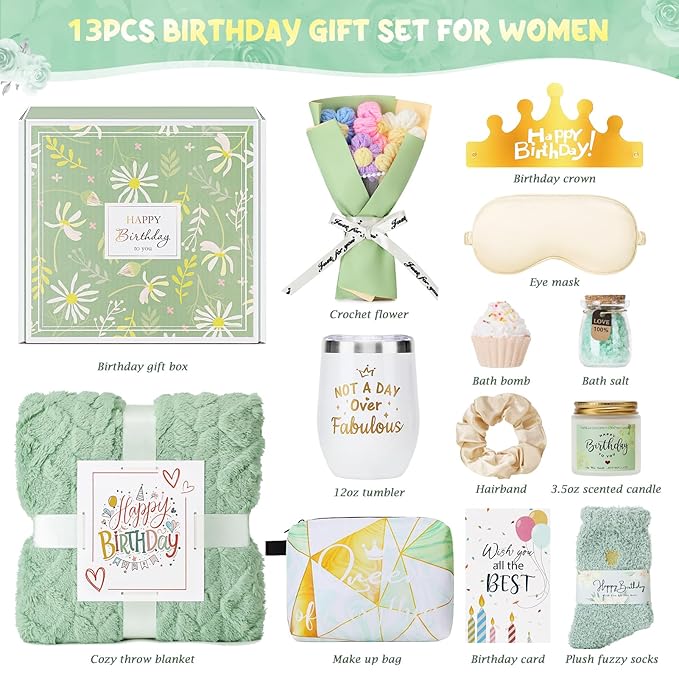 Birthday Gifts for Women, 13PCS Unique Happy Birthday Gifts Basket for Mom Her Best Friend Sister Wife Girlfriend Coworker Bestie, Luxury Self Care Box Relaxing Spa Gifts Set (Vanilla Coconut) - Bloomnest