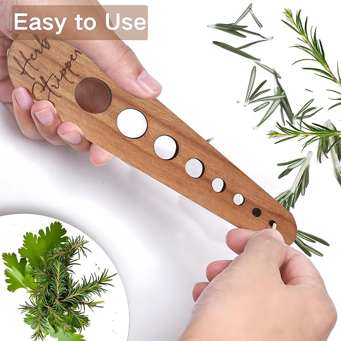Herb Stripper Tool – Natural Wood Leaf Remover with 8 Hole Sizes, Laser Engraved Kitchen Gadget for Parsley, Thyme, Rosemary – Gift for Home Cooks & Gardeners - Bloomnest