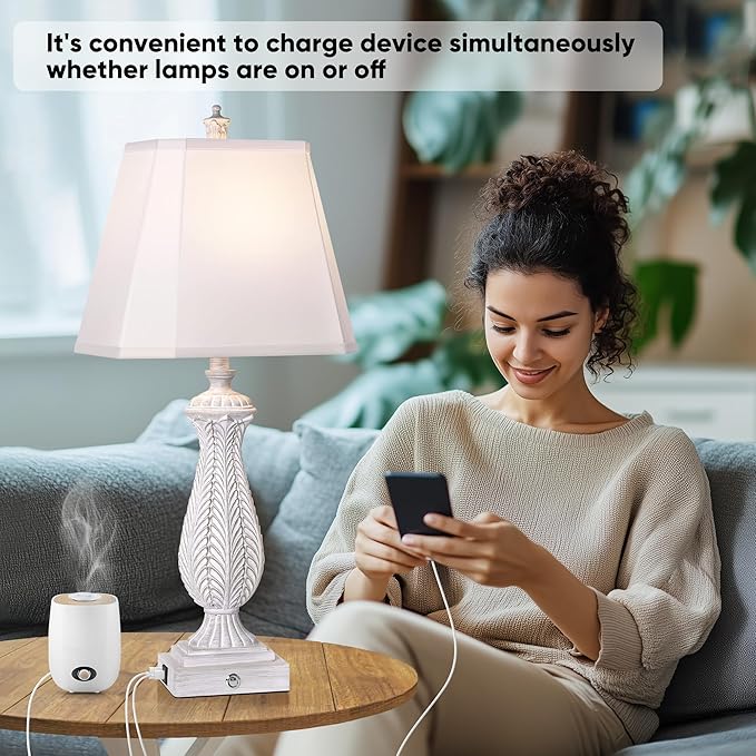 3-Way Dimmable Table Lamps for Bedrooms Set of 2, 30" H Touch Lamps for Living Room with with USB & Type-C Ports, White Mermaid Bedside Lamp for Nightstand, Resin Farmhouse Rustic Lamp with 2 Bulb - Bloomnest